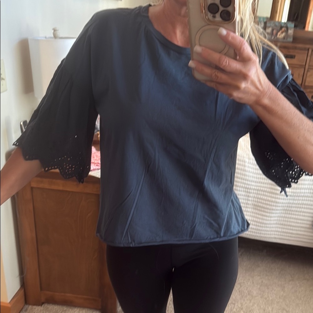 Say What? Navy Eyelet Flutter Sleeve Round Neck Top